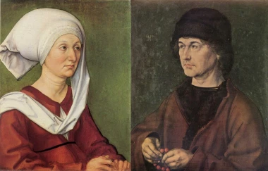 Reproduction of Dürer\'s Parents Portrait Diptych, featuring two figures in period attire.