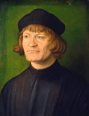 Reproduction of Portrait of a Clergyman by Albrecht Durer. Man in black attire and hat against a green background.