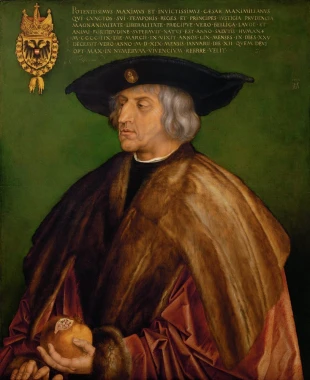 Reproduction of Portrait of Emperor Maximilian I by Albrecht Durer. Man in a black hat holding an apple.