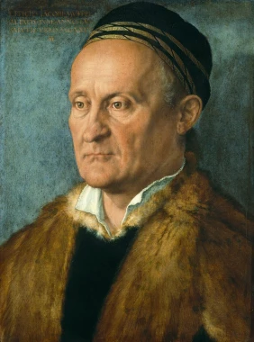 Reproduction of Portrait of Jakob Muffel by Albrecht Durer. Man in fur with a striking facial expression.