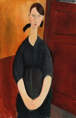 Reproduction of Portrait of Paulette Jourdain by Amedeo Modigliani. Woman in a black dress with long hair.