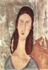 Reproduction of Portrait of Jeanne Hebuterne by Amedeo Modigliani - Graphic design featuring a woman with long hair.