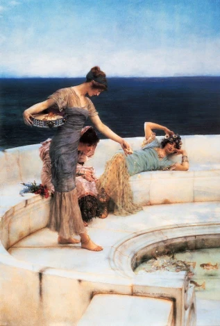 Silver Favourites reproduction by Lawrence Alma-Tadema - Graphic design featuring three women in period costumes, one with a basket.