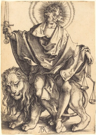 Reproduction of Sun of Righteousness by Albrecht Durer - Graphic design featuring a figure with a sword and scales on a lion.