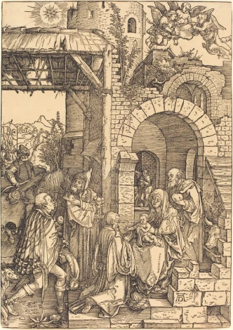 Reproduction of The Adoration of the Magi by Albrecht Durer. Scene depicts three wise men and Mary.
