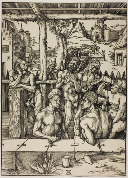 Reproduction of The Men\'s Bath by Albrecht Durer - Graphic design featuring men in various poses in a wooden setting.