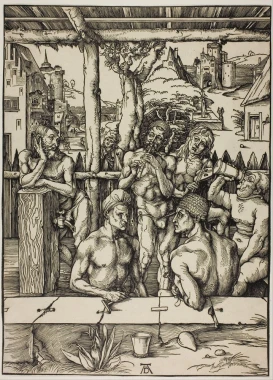 Reproduction of The Men\'s Bath by Albrecht Durer - Graphic design featuring men in various poses in a wooden setting.
