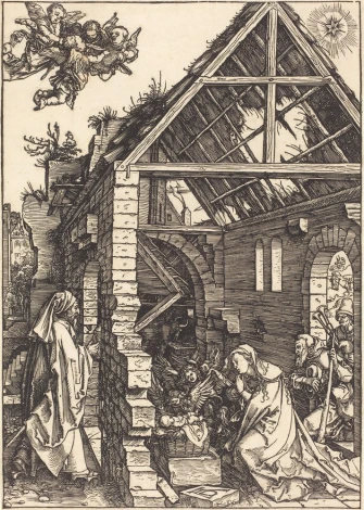 Reproduction of The Nativity by Albrecht Durer - Graphic design depicting the birth of Jesus in a stable with people.