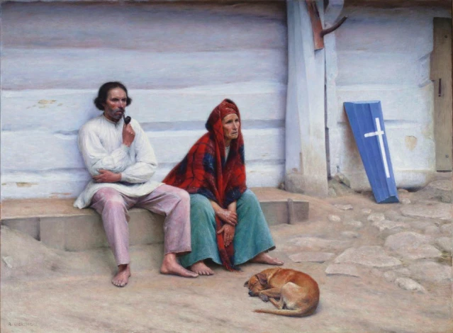 Peasant coffin reproduction Last moments before burial Outside the cottage, by Aleksander Gierymski - Outdoor arrangement