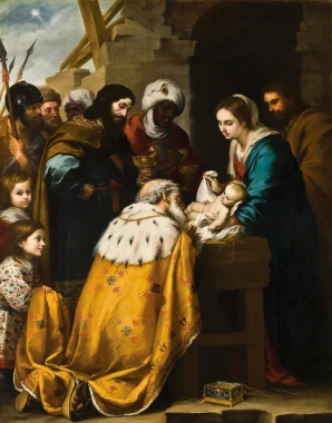 Reproduction of Adoration of the Magi by Bartolome Esteban Murillo - Museum arrangement with neutral walls and classic style.