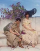Reproduction of An Eloquent Silence by Lawrence Alma-Tadema. Two people sit on a bench surrounded by flowers.