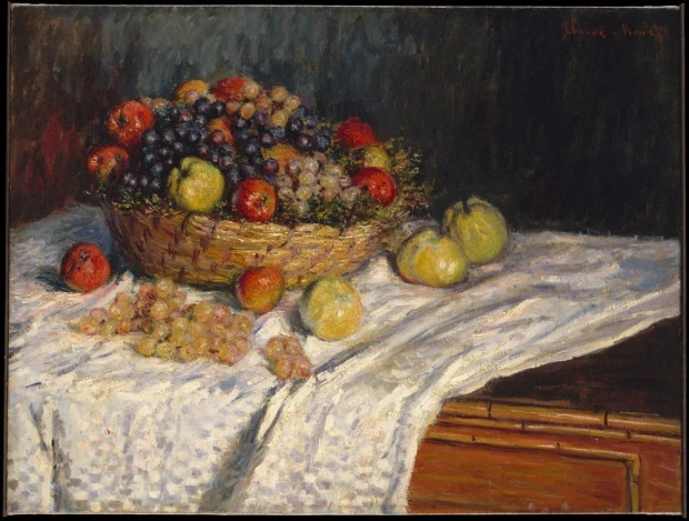Reproduction of Apples and Grapes by Claude Monet - Graphic design featuring a fruit basket on a white tablecloth.