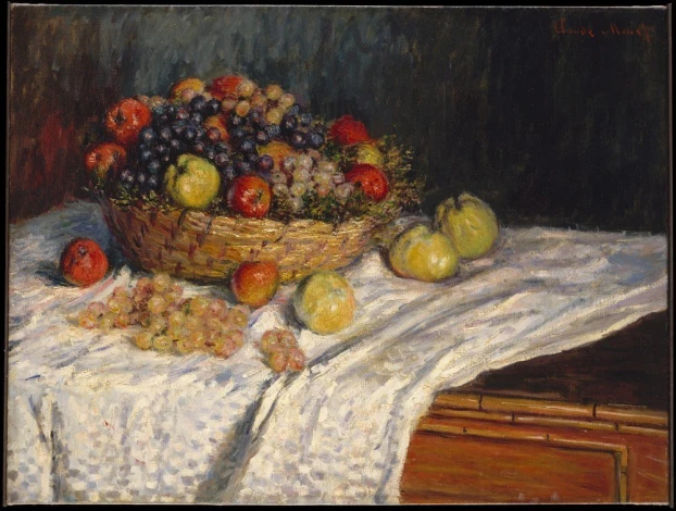 Reproduction of Apples and Grapes by Claude Monet - Graphic design featuring a fruit basket on a white tablecloth.