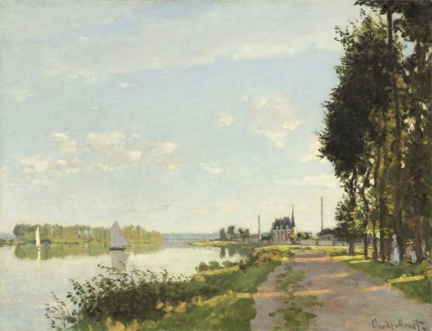 Reproduction of Argenteuil by Claude Monet. The image features a river with a boat, houses, and trees in the background.