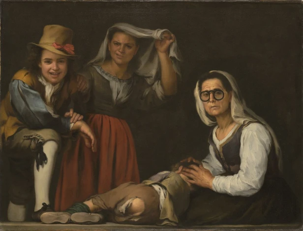 Reproduction of Four Figures on a Step by Bartolome Esteban Murillo - Graphic design featuring four figures in various poses.