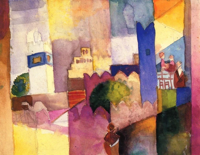 Kairouan III reproduction by August Macke - Graphic pattern with geometric shapes in vibrant colors.