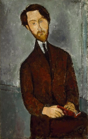 Reproduction of Leopold Zborowski by Amedeo Modigliani. Man in a dark suit holding a book against a backdrop.