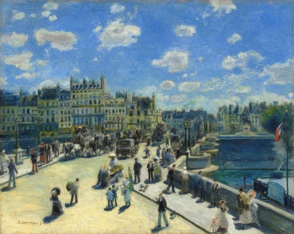 Pont Neuf Paris reproduction by Auguste Renoir. Scenic bridge with people, buildings, and sky.