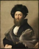 Reproduction of Portrait of Baldassare Castiglione by Raphael - Graphic design. Bearded man in black.