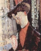 Reproduction of Frank Burty Haviland\'s Portrait by Amedeo Modigliani. Profile of a man in a hat.