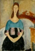 Reproduction of Portrait of Jeanne Hebuterne, Seated, 1918 by Amedeo Modigliani - Graphic design featuring a woman in blue.