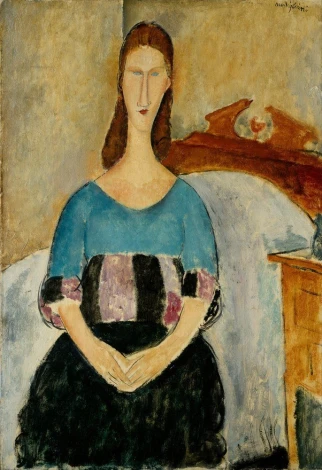 Reproduction of Portrait of Jeanne Hebuterne, Seated, 1918 by Amedeo Modigliani - Graphic design featuring a woman in blue.
