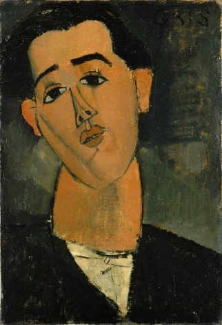 Reproduction of Portrait of Juan Gris by Amedeo Modigliani. The image features a figure with an elongated face and large eyes.