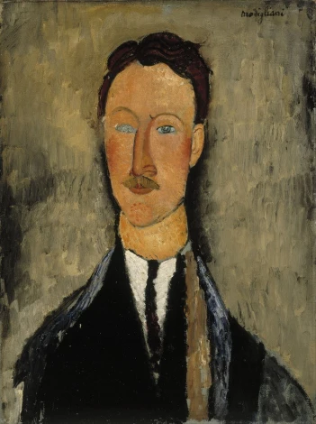 Reproduction of Portrait of the Artist Leopold Survage by Amedeo Modigliani. Male figure with distinct features.