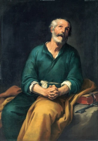 Reproduction of Saint Peter in Tears by Bartolome Esteban Murillo. Man in green robe with yellow accents.