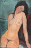 Reproduction of Seated Nude by Amedeo Modigliani - Graphic design. Female figure seated with eyes closed.