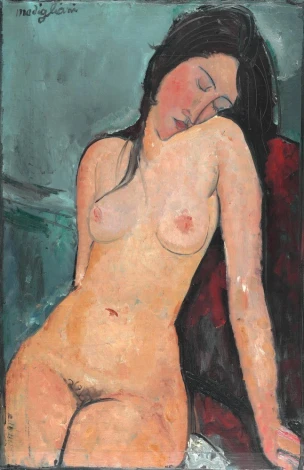 Reproduction of Seated Nude by Amedeo Modigliani - Graphic design. Female figure seated with eyes closed.