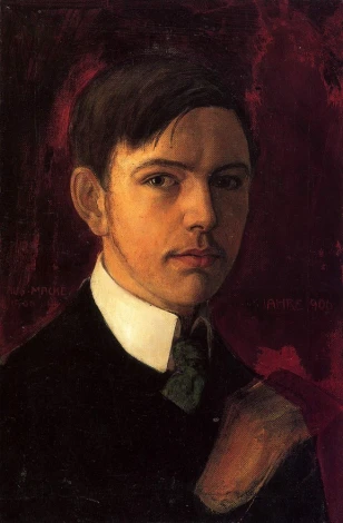 Self-portrait reproduction by August Macke - Graphic pattern. Man with short hair in dark clothing, with green accents.