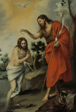 Reproduction of The Baptism of Christ by Bartolome Esteban Murillo - Graphic design featuring figures in water and greenery.