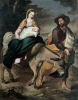 Reproduction of The Flight into Egypt by Bartolome Esteban Murillo. Mary and Joseph on a donkey with a background.