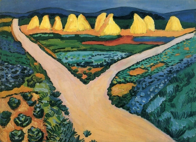 Reproduction of Vegetable Fields by August Macke. The image features fields with yellow mounds and green plants.