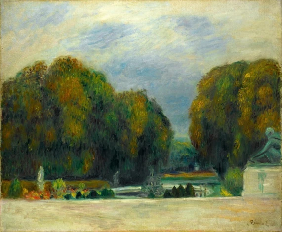 Reproduction of Versailles by Auguste Renoir - A graphic design featuring a park with trees and a fountain.