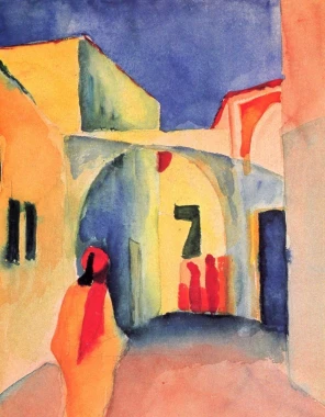 Reproduction of View into a Lane by August Macke - A narrow alley with colorful buildings.