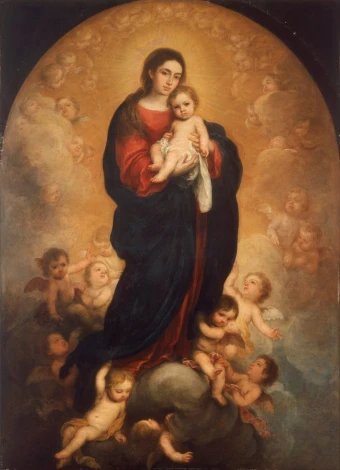 Reproduction of Virgin and Child in Glory by Bartolome Esteban Murillo - Graphic design featuring the Madonna and Child.