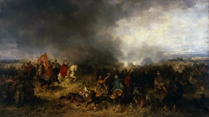 Battle of Chocim reproduction by Józef Brandt - Graphic design featuring a chaotic scene with horsemen and flags.