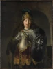Reproduction of Bellona by Rembrandt, featuring a woman in armor holding a shield with a face design.