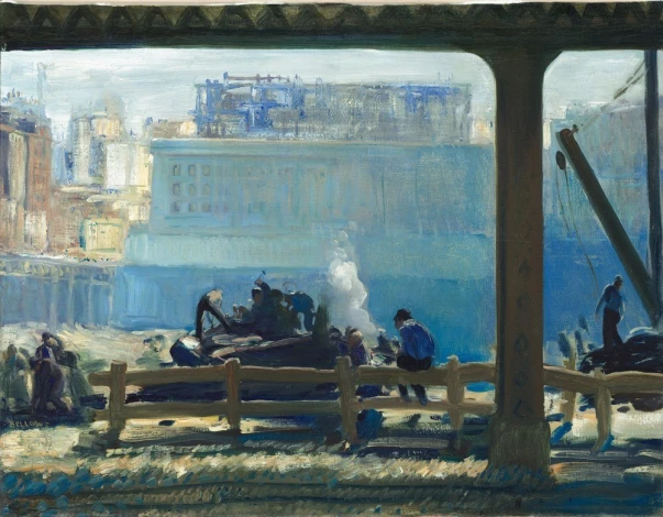 Blue Morning reproduction by George Bellows - Graphic design featuring a harbor scene with figures and a boat in the background.