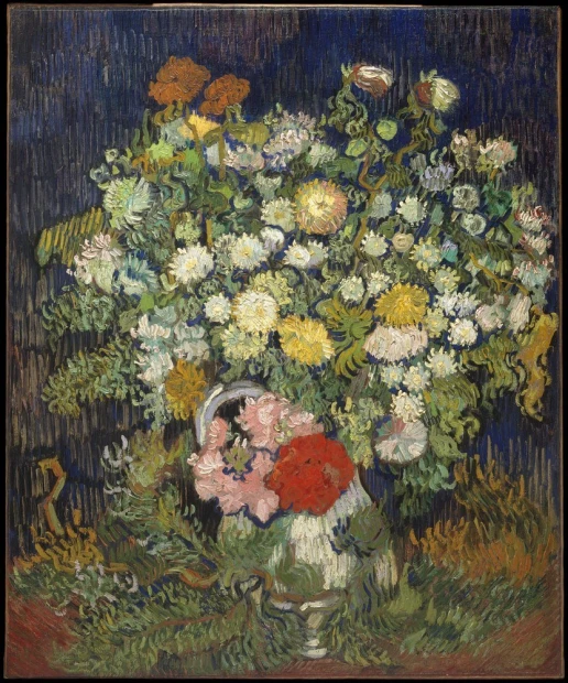 Reproduction of Bouquet of Flowers in a Vase by Vincent van Gogh - Graphic design. Flowers in a vase of various shapes.