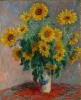 Reproduction of Bouquet of Sunflowers by Claude Monet - Graphic design. Sunflower bouquet in a vase on a light background.