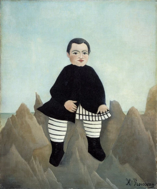 Boy on the Rocks reproduction by Henri Rousseau. A boy in black clothing sits atop a rock formation.