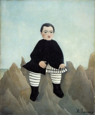 Boy on the Rocks reproduction by Henri Rousseau. A boy in black clothing sits atop a rock formation.