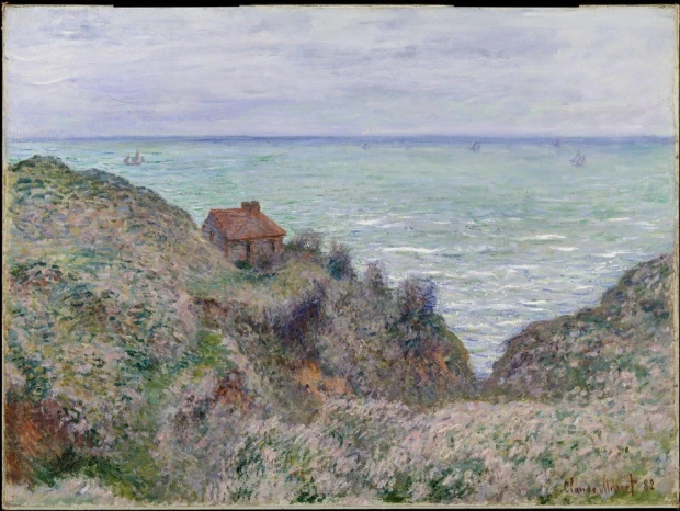 Reproduction of Cabin of the Customs Watch by Claude Monet. The image features a house on a hill, sea, and boats.