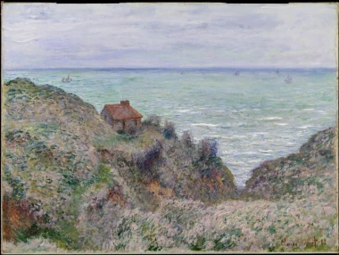 Reproduction of Cabin of the Customs Watch by Claude Monet. The image features a house on a hill, sea, and boats.