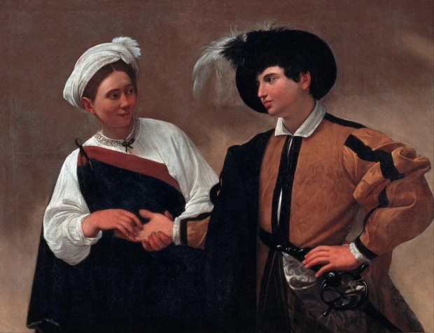 Good Luck reproduction by Michelangelo Caravaggio - Graphic design featuring a man and woman in period costumes.