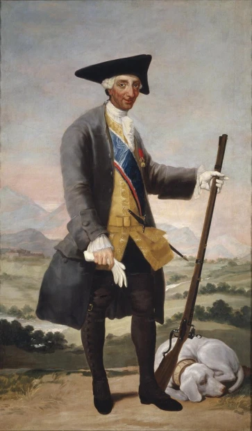 Reproduction of King Charles III as a hunter by Francisco Goya. Man in elegant attire with a weapon.