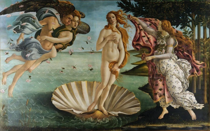 Reproduction of La Nascita di Venere by Sandro Botticelli. Female figures on a shell, surrounded by angels.